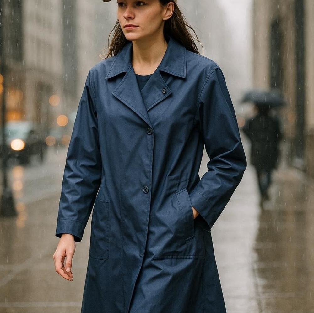 Tradition Vintage Blue Long Rain Coat For Spring